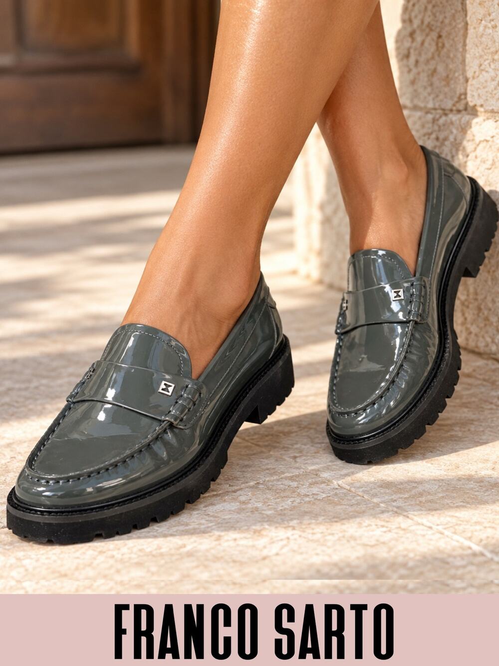Franco Sarto Loafer Saffron Lug Sole patent slate gray slip-on sporty chic 7